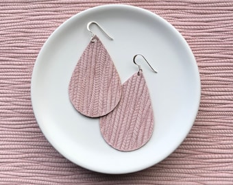 Leather Earrings- Tear Drop Bamboo Weave blush pink print. Hypoallergenic sterling silver hooks. Light weight earrings.