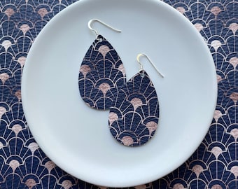 Leather Earrings- Mini Drop in navy and rose gold fanfare print. Navy earrings. Hypoallergenic sterling silver hooks. Light weight earrings.