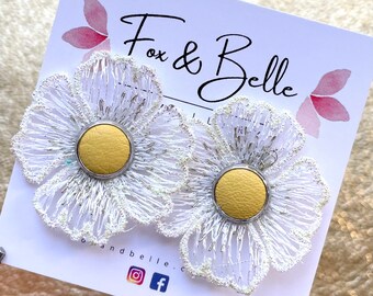 Daisy studs. Floral earrings with leather stud centre. Fabric earrings. Choice of centre colour. Floral studs. Hypoallergenic stud earrings.
