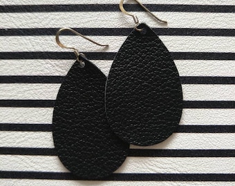 Leather Earrings- Mini Drop in black beauty print. Hypoallergenic sterling silver hooks. Light weight earrings.