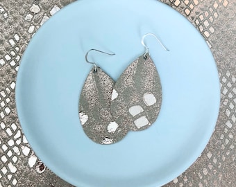 Leather Earrings- Mini Drop in rose gold tinsel print. Hypoallergenic sterling silver hooks. Light weight earrings.