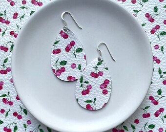 Leather Earrings- Mini Drop in cherry print. Hypoallergenic sterling silver hooks. Light weight earrings. Red earrings. Cherry earrings.