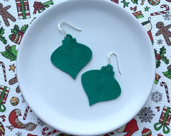 Christmas bauble earring in suede green. Round bauble earrings. Christmas earrings. Xmas earrings. Bauble earrings.