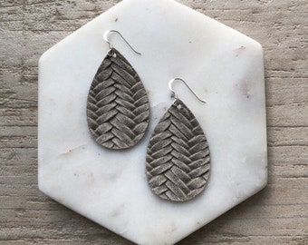 Leather Earrings- Mini Drop in Stonewash Taupe Braided print. Hypoallergenic sterling silver hooks. Light weight earrings.