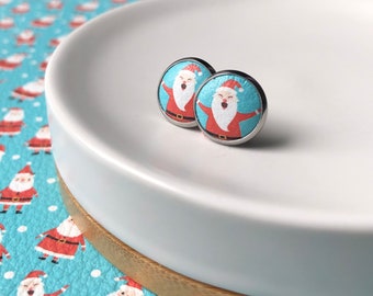 Leather studs in Ho Ho Ho Santa print. 12mm. Hypoallergenic surgical stainless steel bezel.