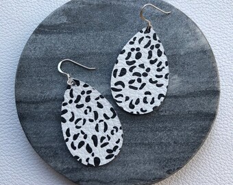 Leather Earrings- Mini Drop in snow leopard print. Hypoallergenic sterling silver hooks. Light weight earrings.
