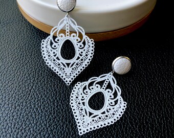 White lace filigree dangle earrings with a white 10mm leather stud. Hypoallergenic stainless steel. Butterfly back.