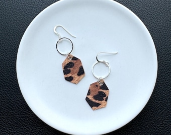 Leather earrings. Leopard Stella dangle earrings. Sterling silver hooks. Light weight. Leather dangles. Leopard earrings.
