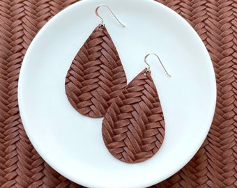 Leather Earrings- Tear Drop Pecan brown Braided print. Hypoallergenic sterling silver hooks. Light weight earrings. Brown earrings.