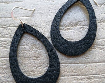 Leather Earrings- MINI Silhouette black beauty print. Hypoallergenic sterling silver hooks. Light weight earrings.