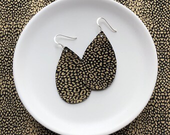 Leather Earrings- Mini Drop in golden leopard print. Hypoallergenic sterling silver hooks. Light weight earrings.
