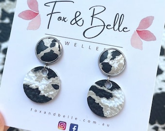 Small leather dangle earrings in alpine leopard. Leopard earrings. Stainless steel. Light weight. Small version- 10mm stud 16mm circle.