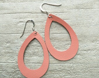 Leather Earrings- MINI Silhouette peach print. Hypoallergenic sterling silver hooks. Light weight earrings. CLEARANCE!