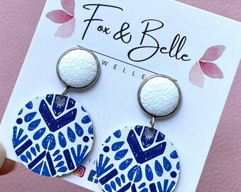 Large leather dangle earrings in aztec blue with white leather stud. Stainless steel post. Hypoallergenic. Light weight earring. 12mm stud.