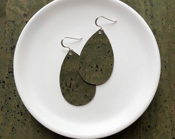 Cork Earrings- Mini Drop in Khaki Cork. Hypoallergenic sterling silver hooks. Light weight earrings.