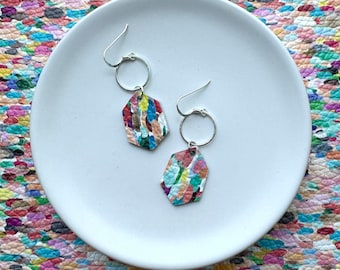 Leather earrings. Colourful confetti Stella dangle earrings. Sterling silver hooks. Light weight. Leather dangles. Rainbow earrings.