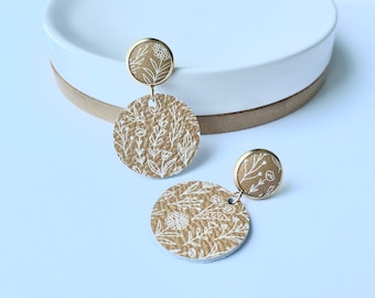 Large leather dangle earrings- mustard flowers with gold stud. Stainless steel post. Hypoallergenic. Light weight earring. 12mm stud.