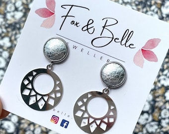 Silver geo dangle earrings with 10mm silver leather stud. Hypoallergenic stainless steel. Silver dangle earrings.