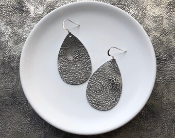Leather Earrings- Mini Drop in antique silver print. Hypoallergenic sterling silver hooks. Light weight earrings.
