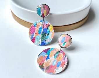 Large leather dangle earrings in colourful confetti. Colourful earrings. Stainless steel. Hypoallergenic. Light weight earring. 12mm stud.