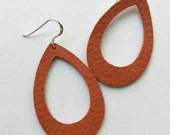 Leather Earrings- MINI Silhouette persimmon orange print. Hypoallergenic sterling silver hooks. Light weight earrings.