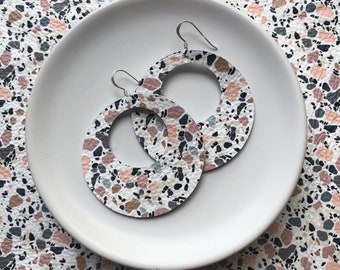 Leather earrings - The Eclipse in granite. Round earrings. Hypoallergenic sterling silver hooks. Light weight earrings.