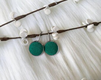 Leather Drop Studs in emerald green suede. Hypoallergenic surgical stainless steel bezel.