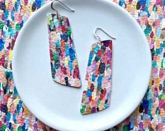 Leather earrings- The Nova in colourful confetti. Colourful earrings. Light weight earrings. Hypoallergenic sterling silver hook.