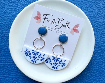 Mamma Mia blue and white dangles. Blue and white earrings. Dangles. Hypoallergenic earrings. Light weight earrings