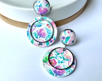 Leather dangle earrings in floral field with leather stud. Stainless steel post. Hypoallergenic. Light weight earring. 12mm stud.
