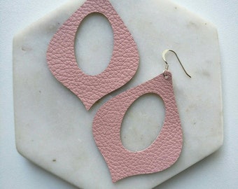 Leather Earrings- Genie shape in blush pink print. Hypoallergenic sterling silver hooks. Light weight earrings.