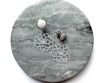 White rose dangle earrings with 10mm leather stud. Hypoallergenic stainless steel. White dangle earrings. Butterfly back.