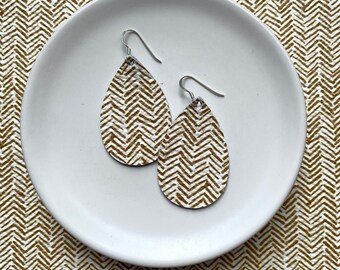 Leather Earrings- Mini Drop in gold chevron print. Gold earrings. Hypoallergenic sterling silver hooks. Light weight earrings.