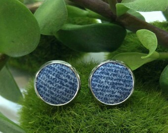 Leather studs in Blue Jeans print. Hypoallergenic surgical stainless steel bezel.