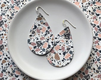 Leather Earrings- Tear Drop granite print. Hypoallergenic sterling silver hooks. Light weight earrings.