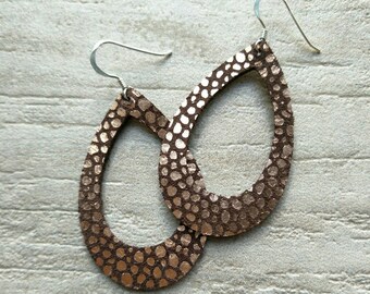 Leather Earrings- MINI Silhouette rose gold stingray print. Hypoallergenic sterling silver hooks. Light weight earrings.