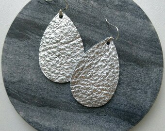 Leather Earrings- Mini Drop in silver print. Hypoallergenic sterling silver hooks. Light weight earrings.