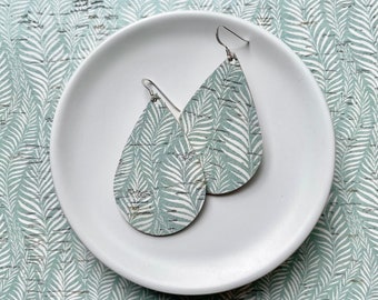 Cork Earrings with leather backing- Tear Drop in Sage. Hypoallergenic sterling silver hooks. Light weight earrings. Green earrings.