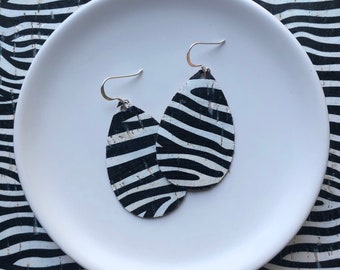 Cork Earrings- Mini Drop in Zebra Cork. Hypoallergenic sterling silver hooks. Light weight earrings.