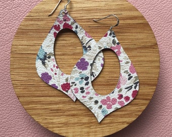Leather Earrings- Genie shape in watercolour flowers print. Hypoallergenic sterling silver hooks. Light weight earrings.