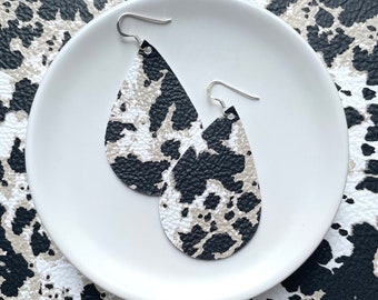Leather Earrings- Tear Drop alpine leopard print. Hypoallergenic sterling silver hooks. Light weight earrings. Leopard earrings