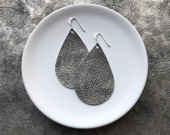 Leather Earrings- Tear Drop antique silver print. Hypoallergenic sterling silver hooks. Light weight earrings.