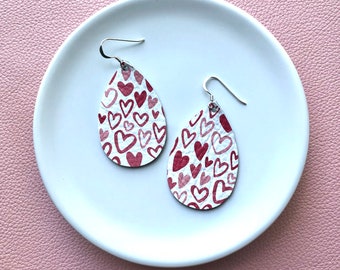 Leather Earrings- Mini Drop in sweet Valentine print. Heart earrings. Hypoallergenic sterling silver hooks. Light weight earrings.