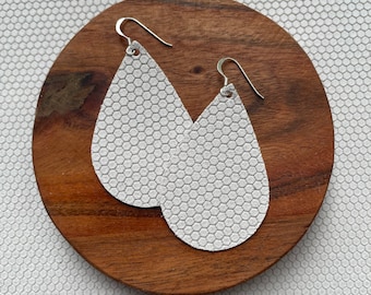 Leather Earrings- Tear Drop white honeycomb print. Hypoallergenic sterling silver hooks. Light weight earrings.