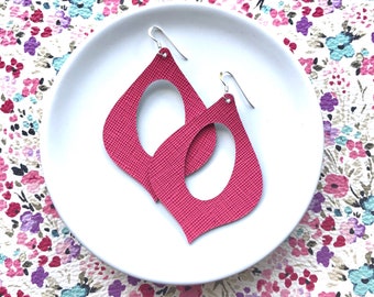 Leather Earrings- Genie shape in pink weave print. Hypoallergenic sterling silver hooks. Light weight earrings.