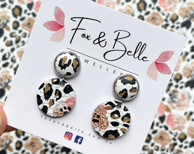 Featured listing image: Small leather dangle earrings in pansies and leopard. Floral earrings. Stainless steel. Light weight. Small version- 10mm stud 16mm circle