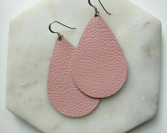 Leather Earrings- Tear Drop in blush pink print. Hypoallergenic sterling silver hooks. Light weight earrings.