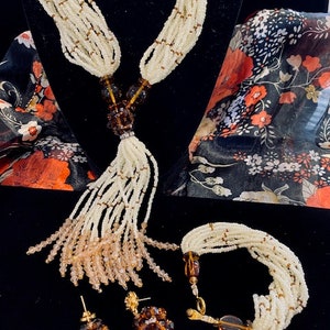 Cream, beige and brown seed beads necklace, bracelet and earrings set