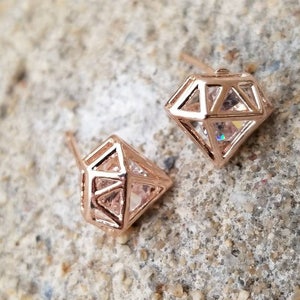 Tiny Rose Gold Diamond Shaped Earrings, Crystal Stud Earrings, Tiny Diamond Studs Kpop Earrings, Wedding Bridal Earring, Gifts For Her, Kpop
