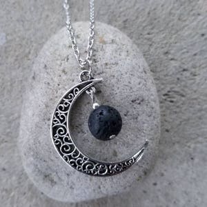 Cresent Oil Diffuser Pendant | Black Lava Stone | Volcanic Stone | Cresent Moon Pendant | Aroma Necklace | Minimalist |  Gift For Her | Boho